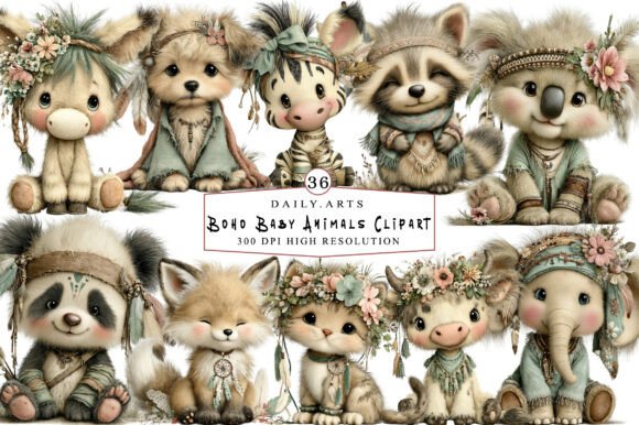 Download Whimsical Boho Baby Animals Clipart - Baby animals Collection
