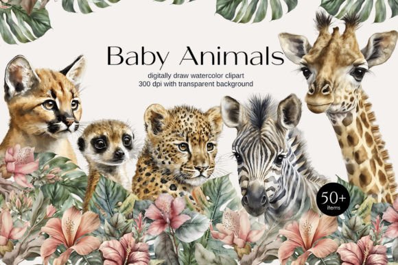 Download Watercolor Safari Baby Animals Clipart - Baby animals Collection